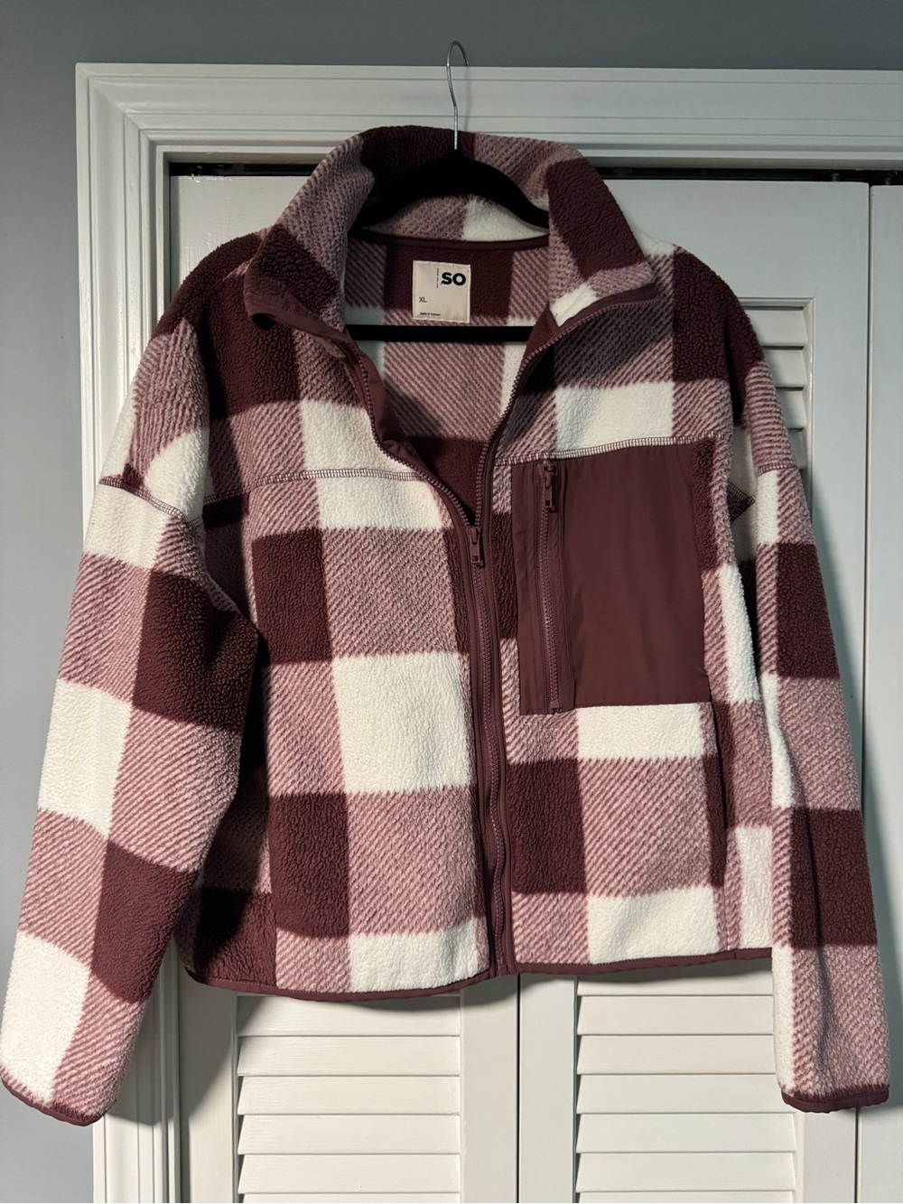 SO Pink and Burgundy Plaid Teddy Fleece Zip Jacket